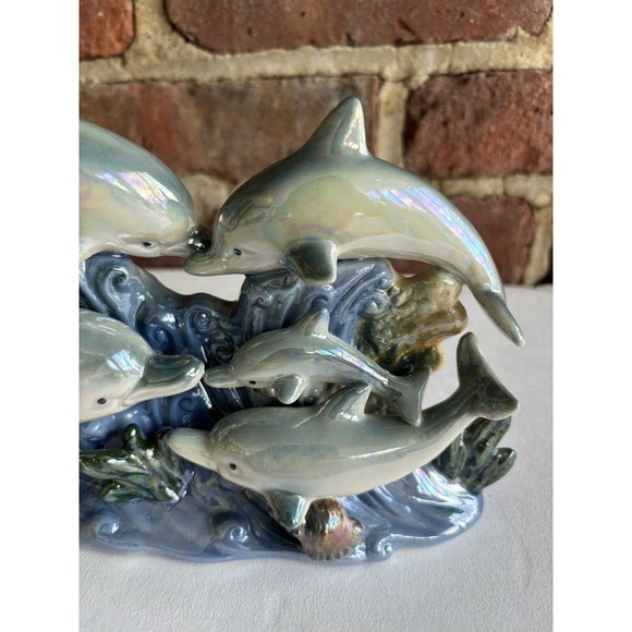 Vintage Dolphin Pod Family Blue Ceramic Iridescent Lusterware 6 Dolphin Family - Picture 3 of 7